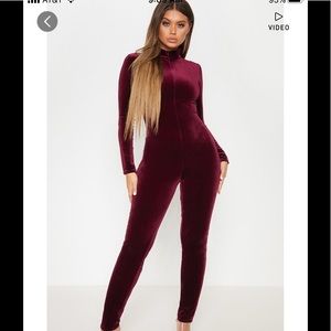 Wine Velvet Zip Front High Neck Jumpsuit